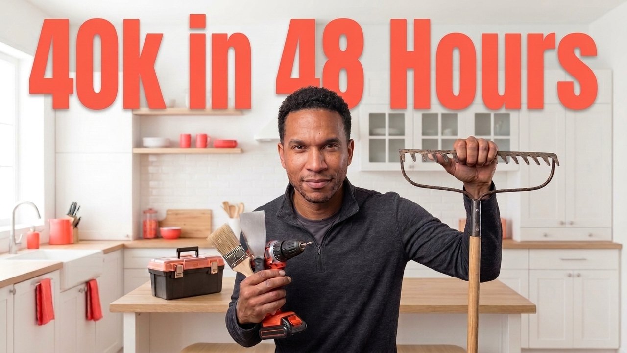 A generated thumbnail: "40k in 48 Hours", over a man in a kitchen holding tools